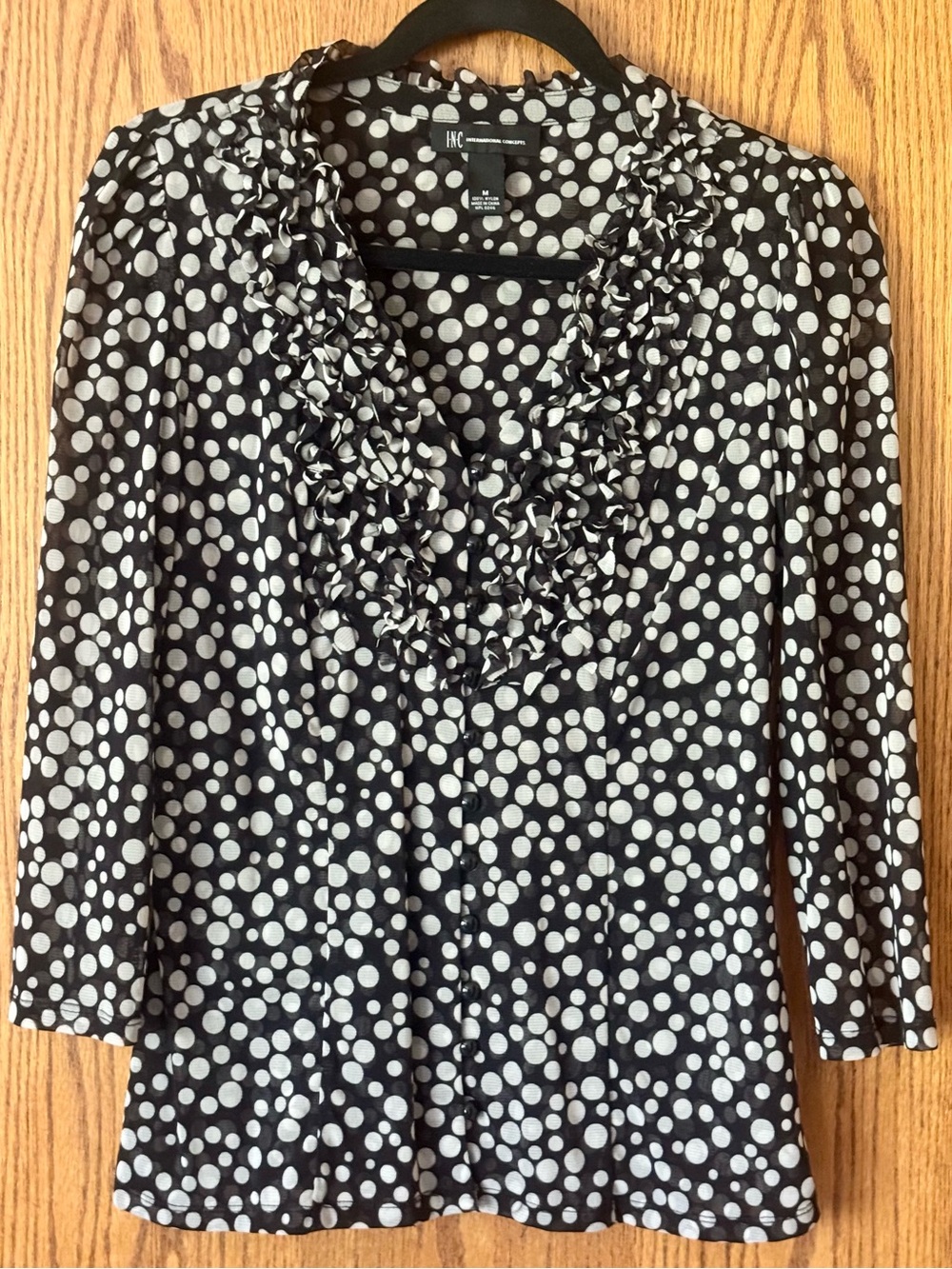 INC International Concepts | Black & White Polka Dot Ruffle Blouse 3/4 sleeve M
